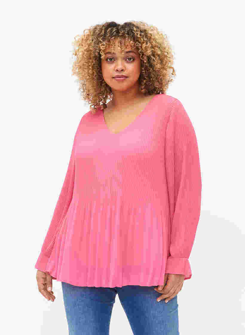 Geplooide blouse met v-hals, Hot Pink, Model image number 0