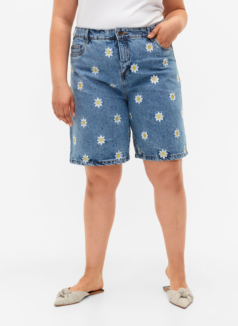 Hoog getailleerde Mille short met geborduurde bloemen, Light Blue Flower, Model image number 2