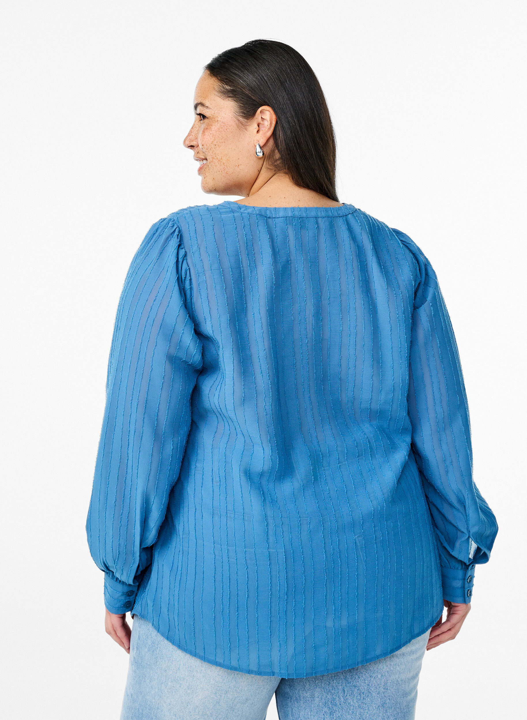 Zizzi Gestreepte blouse met transparante strepen, Blauw, Model image number 2