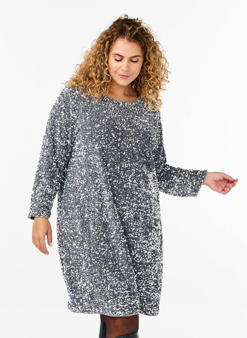 Paillettenjurk met strikdetails, Silver, Model image number 0
