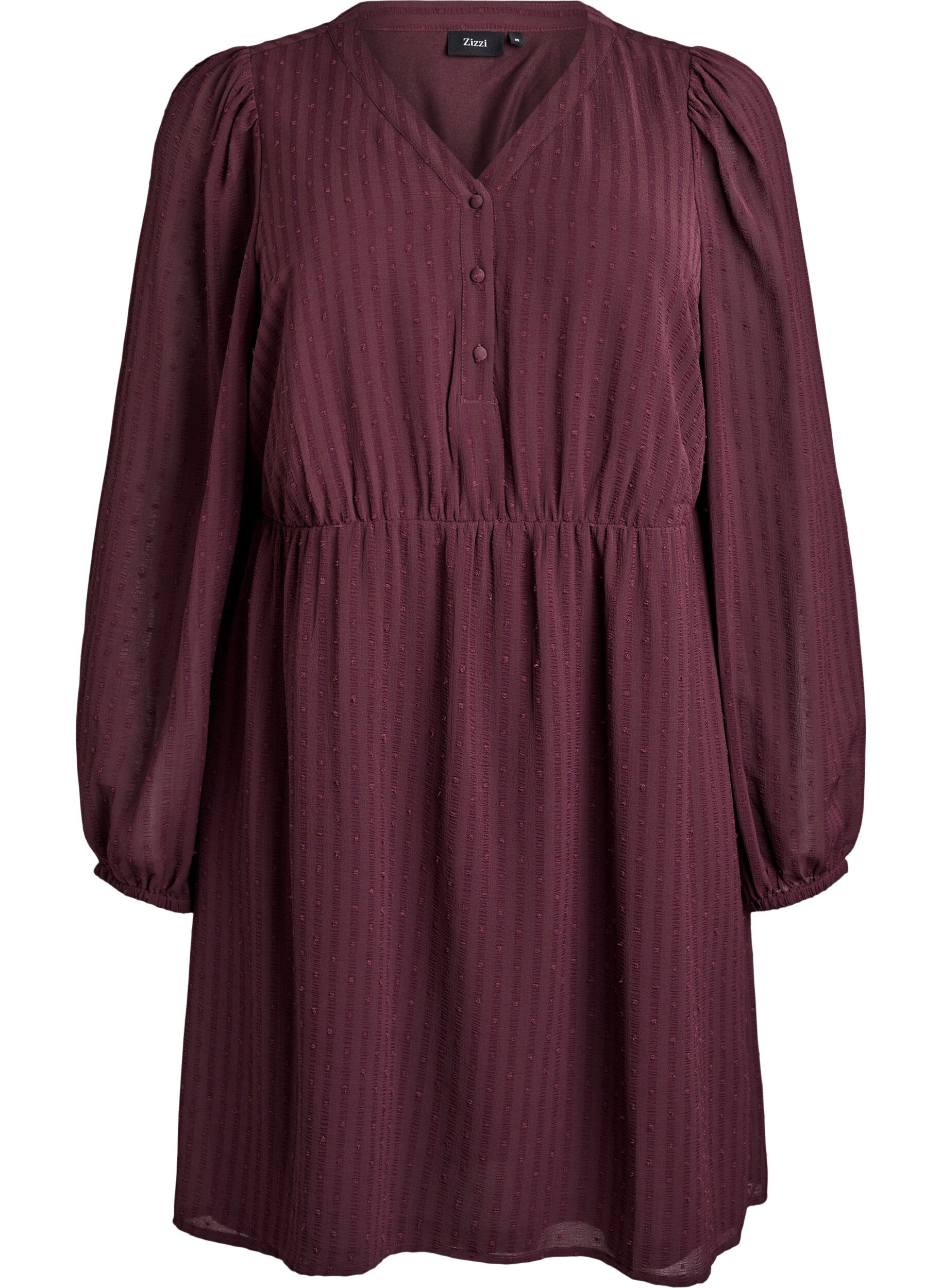 Zizzi Korte jurk met tonale strepen en gestructureerde stippen, Donker Bordeaux, Packshot image number 0
