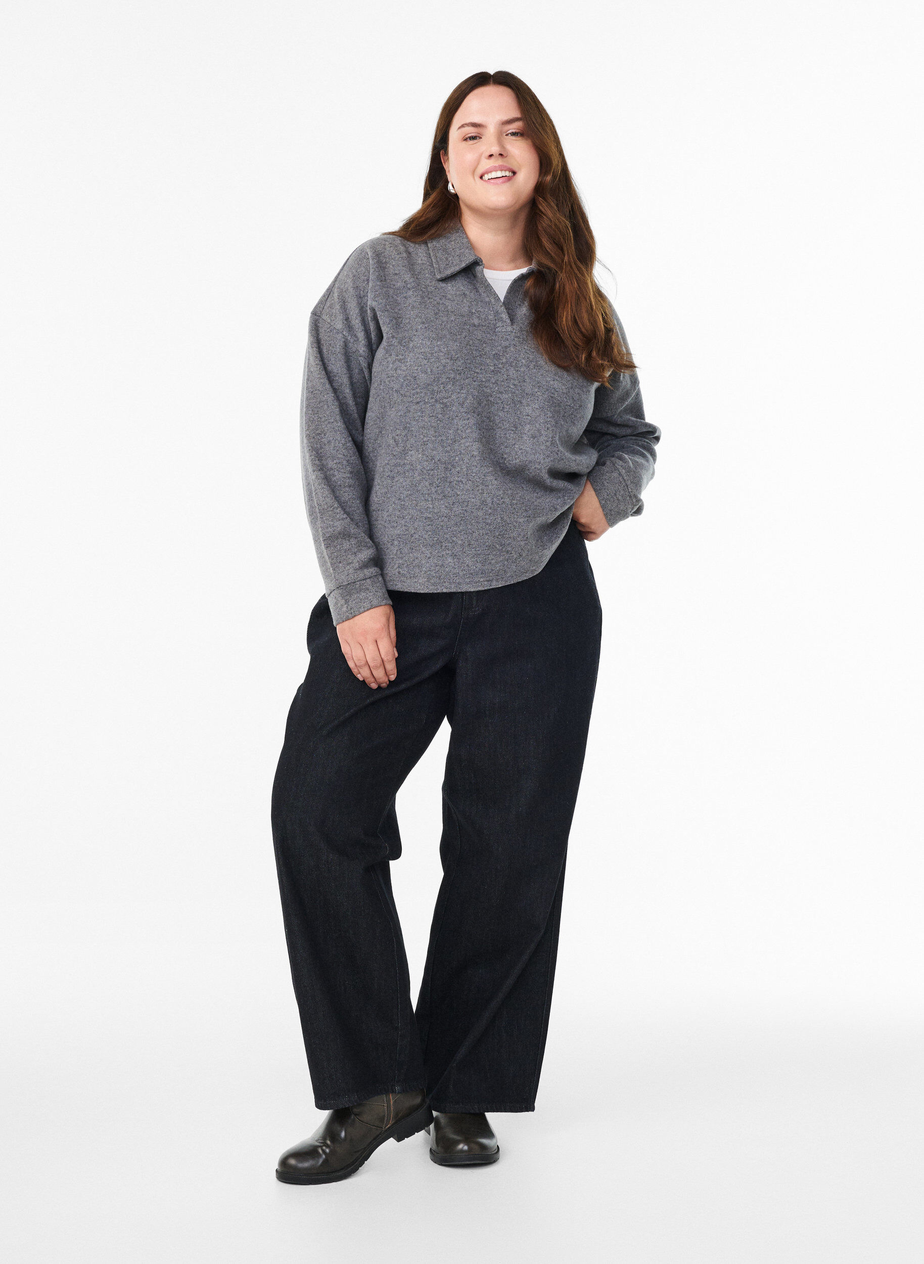 Zizzi Jersey blouse met kraag en V-hals, Grijs, Model image number 1