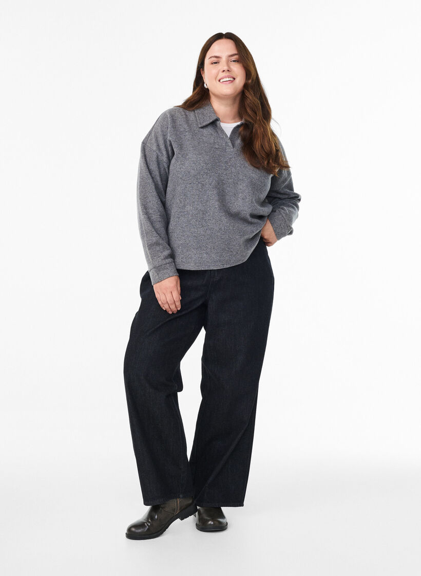 Jersey blouse met kraag en V-hals, Grijs, Model image number 1