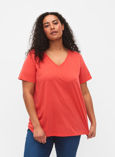 T-shirt met korte mouwen en v-hals, Cayenne, Model image number 0