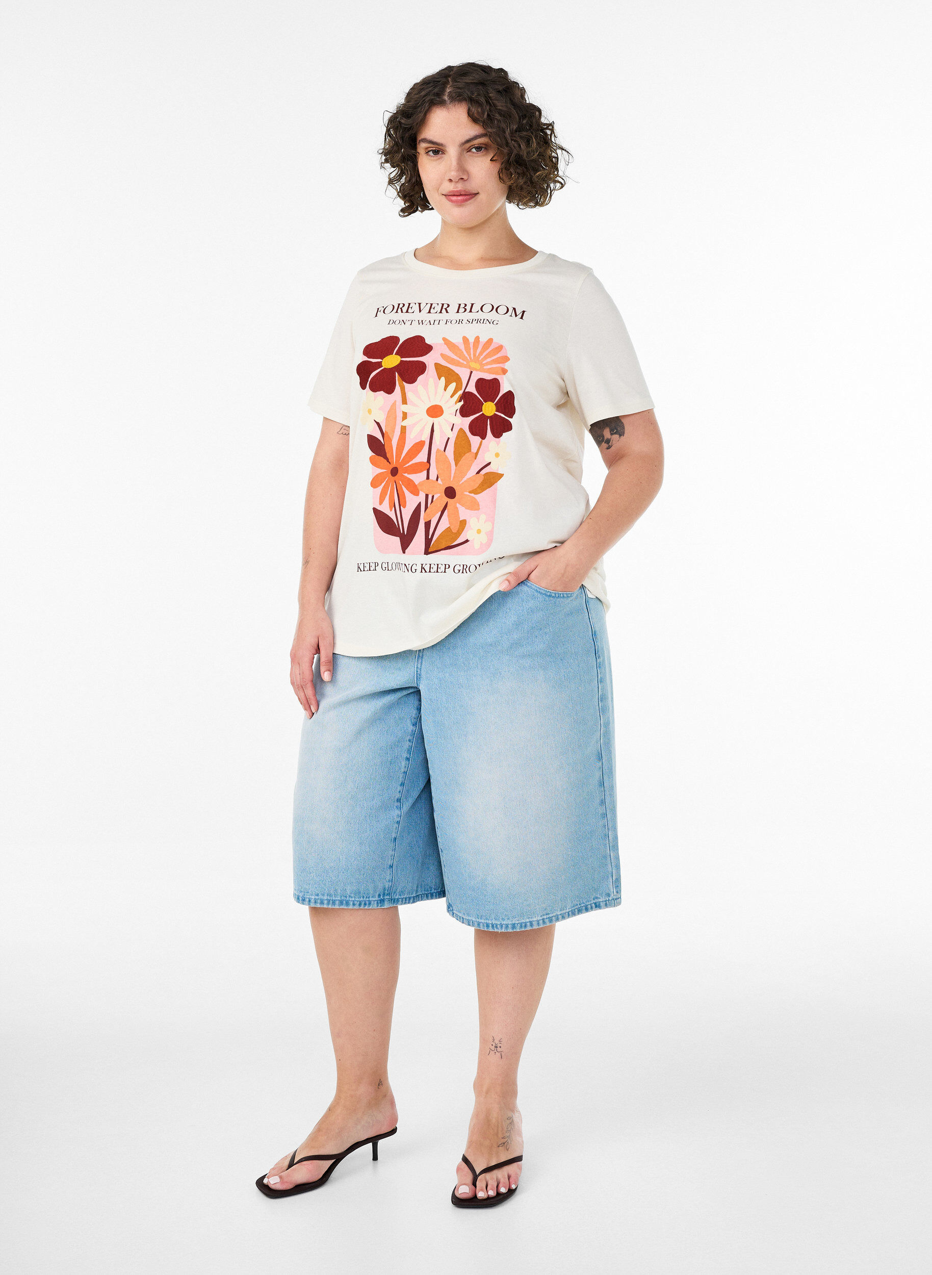 ZizziKatoenen T-shirt met print, Vanille, Model image number 1