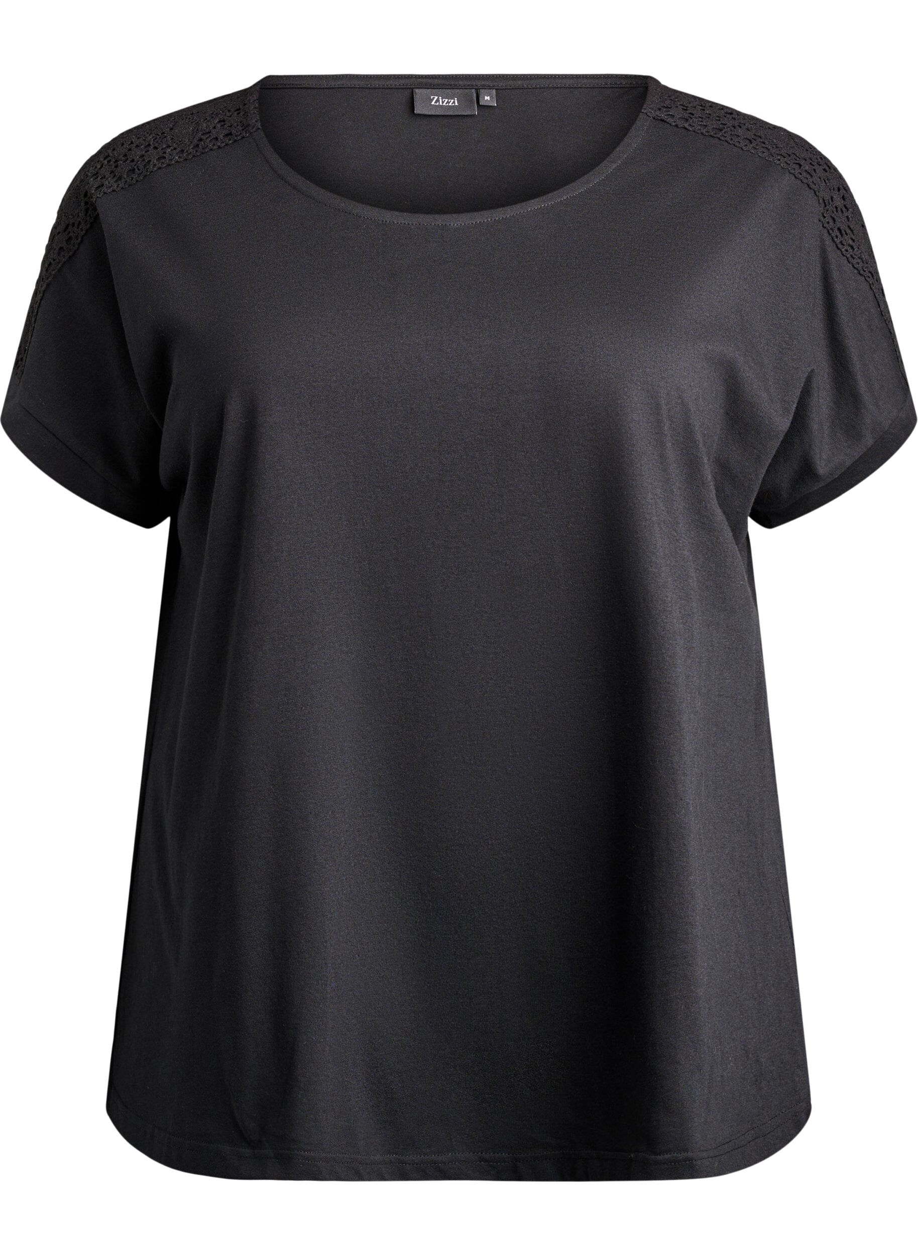 ZizziKatoenen T-shirt met haakdetail, Zwart, Packshot image number 0