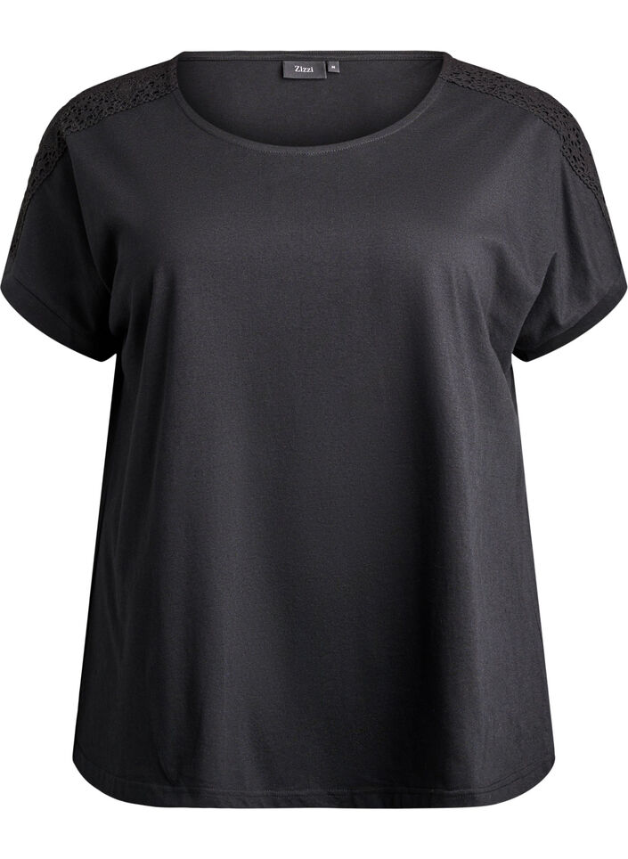 Katoenen T-shirt met haakdetail, Zwart, Packshot image number 0