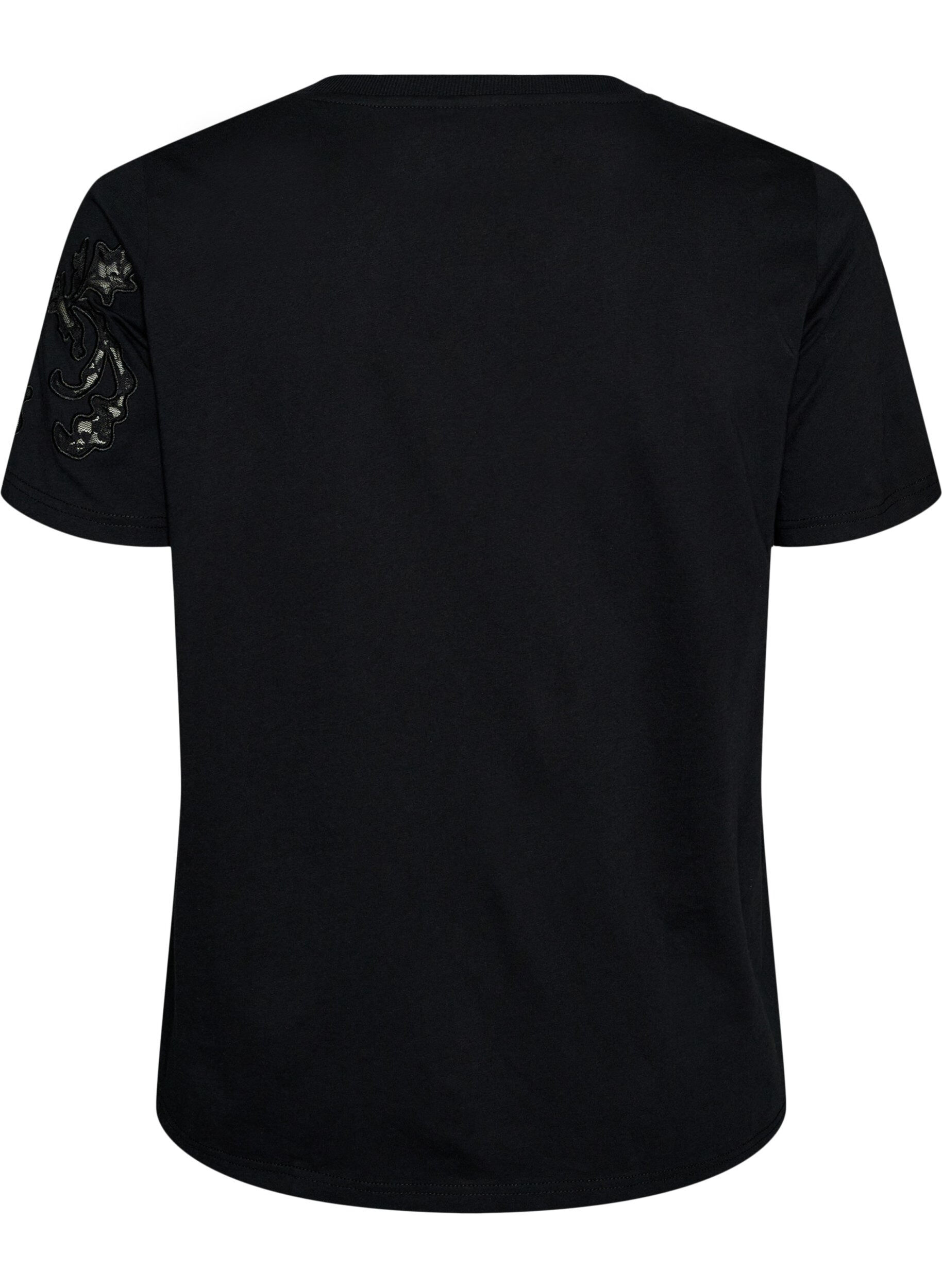 ZizziKatoenen T-shirt met kanten applicaties, Zwart, Packshot image number 1