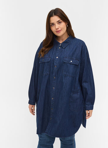 Oversized denim blouse met zakken, Dark blue denim, Model image number 0