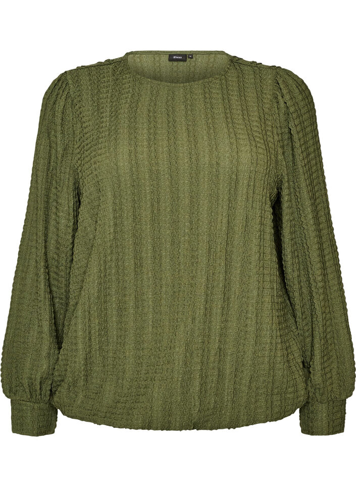 Jersey blouse met structuur en ballonsilhouet, Groen, Packshot image number 0