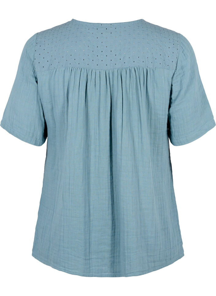 Katoenen blouse met borduursel en korte mouwen, Smoke Blue, Packshot image number 1