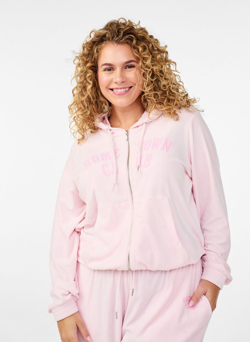 Zachte velours hoodie met ritssluiting, Roze, Model image number 0