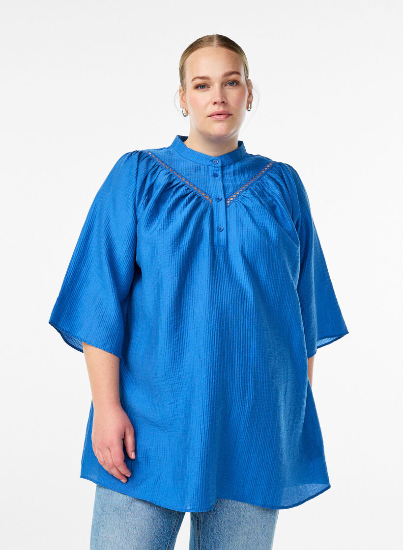 Tunic met gehaakte randen en gestreepte textuur, Blauw, Model image number 0