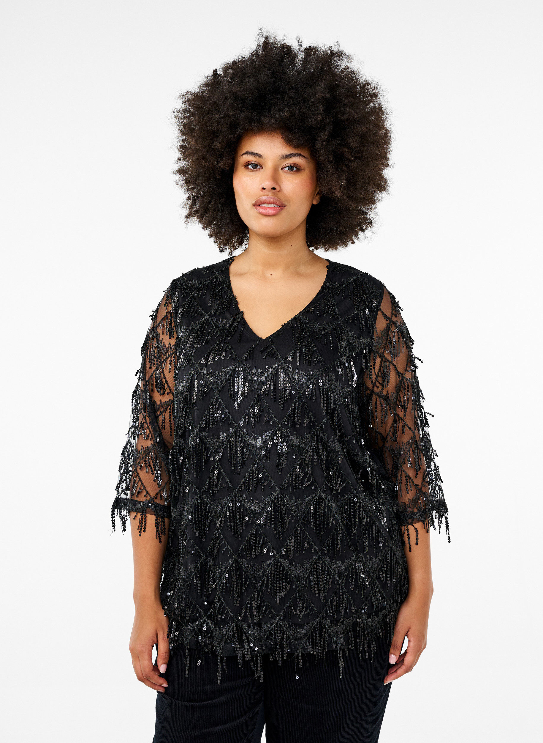 Zizzi Party blouse met pailletten franjes en 3/4 mouwen, Black, Model image number 0