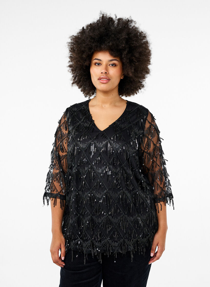 Party blouse met pailletten franjes en 3/4 mouwen, Black, Model image number 0