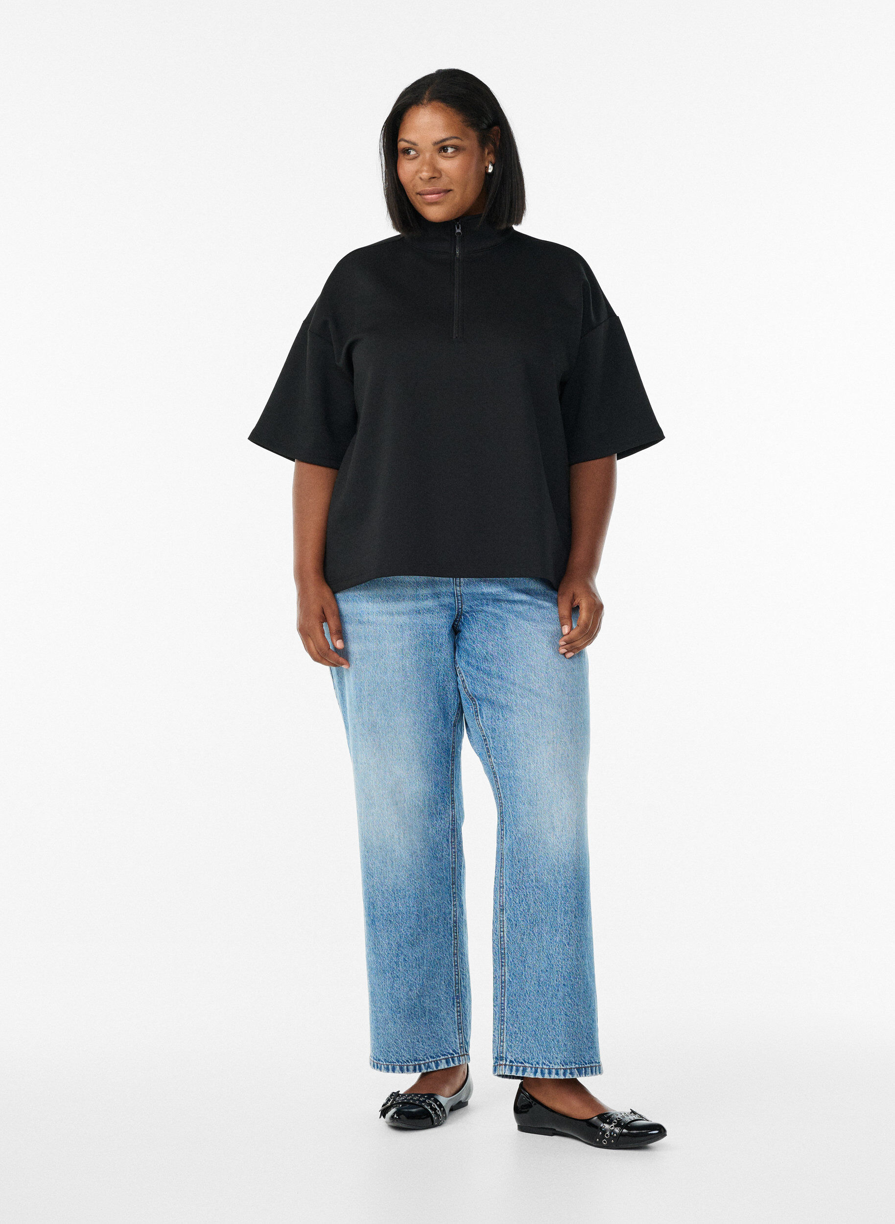 Zizzi Sweatshirt met korte mouwen en een hoge kraag, Zwart, Model image number 1