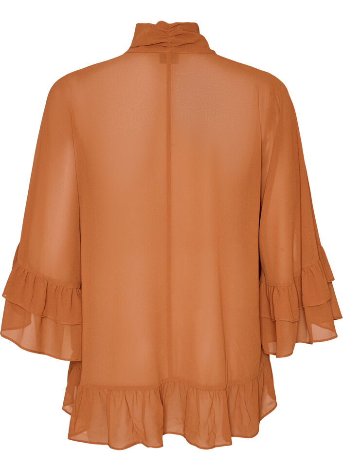 Blouse met striklint en ruches, Bruin, Packshot image number 1