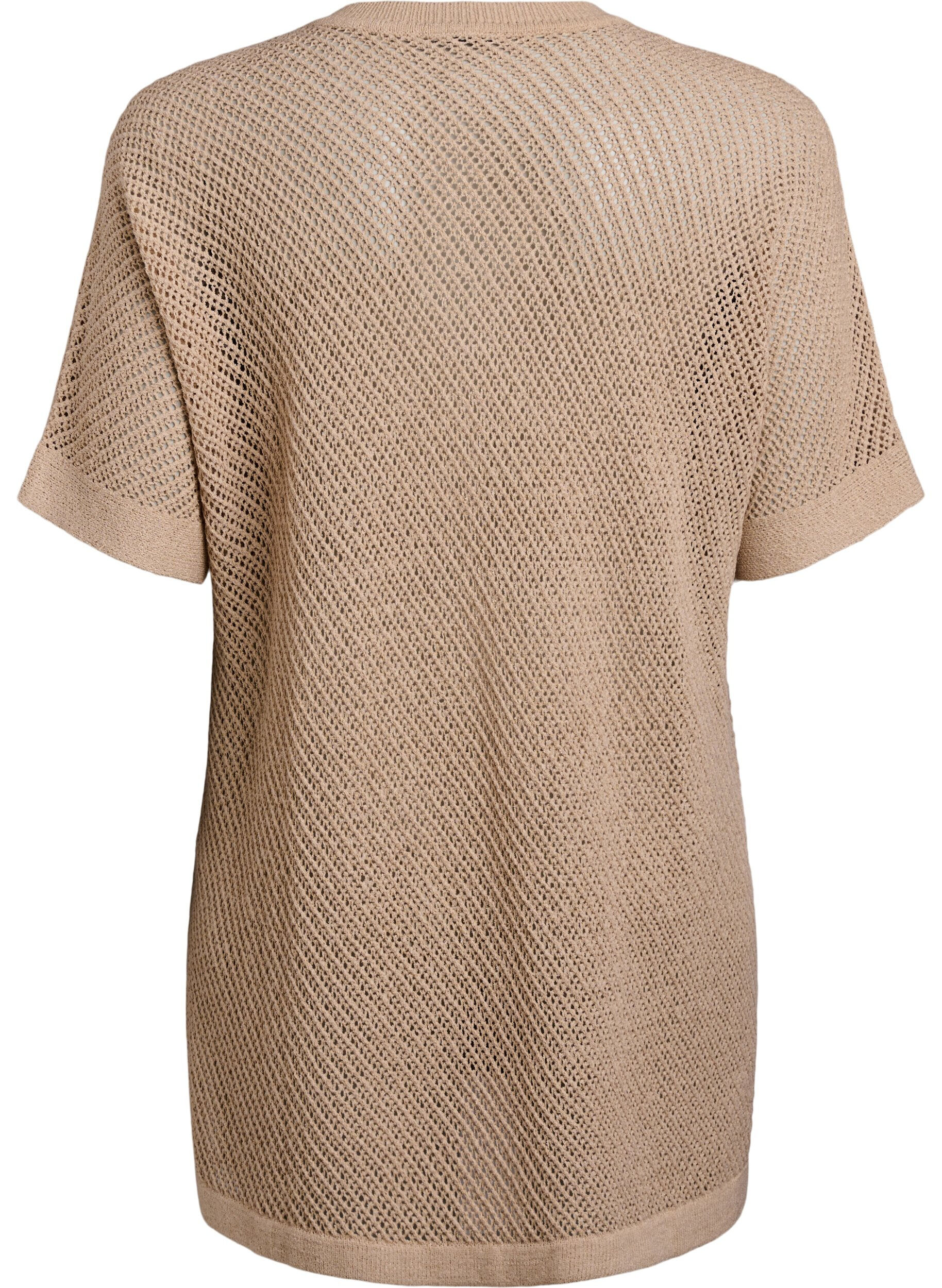 Zizzi FLASH - Gebreide blouse met korte mouwen en V-hals, Beige, Packshot image number 1
