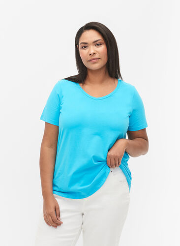 Basic t-shirt in effen kleur met katoen, Blue Atoll, Model image number 0