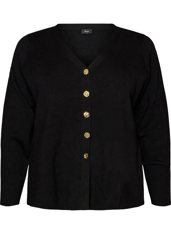 Fijngebreid cardigan met decoratieve knopen, Zwart, Packshot image number 0