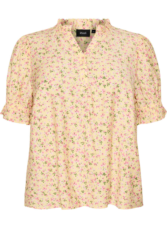 Viscose bloemenblouse met korte mouwen en een rucheskraag, Geel, Packshot image number 0