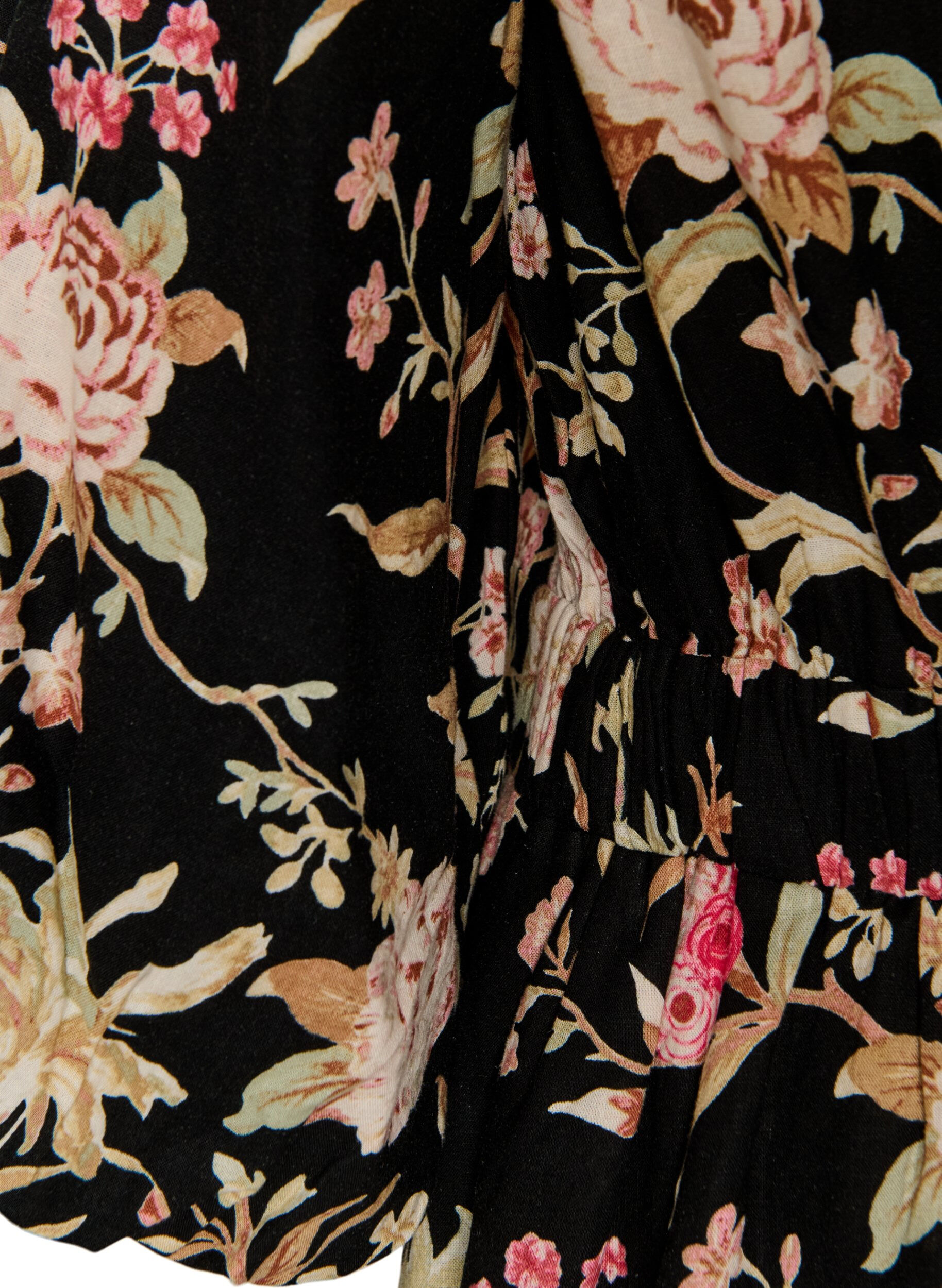 ZizziBloemenjurk in linnen en viscose met een empirelijn, Zwart, Packshot image number 3