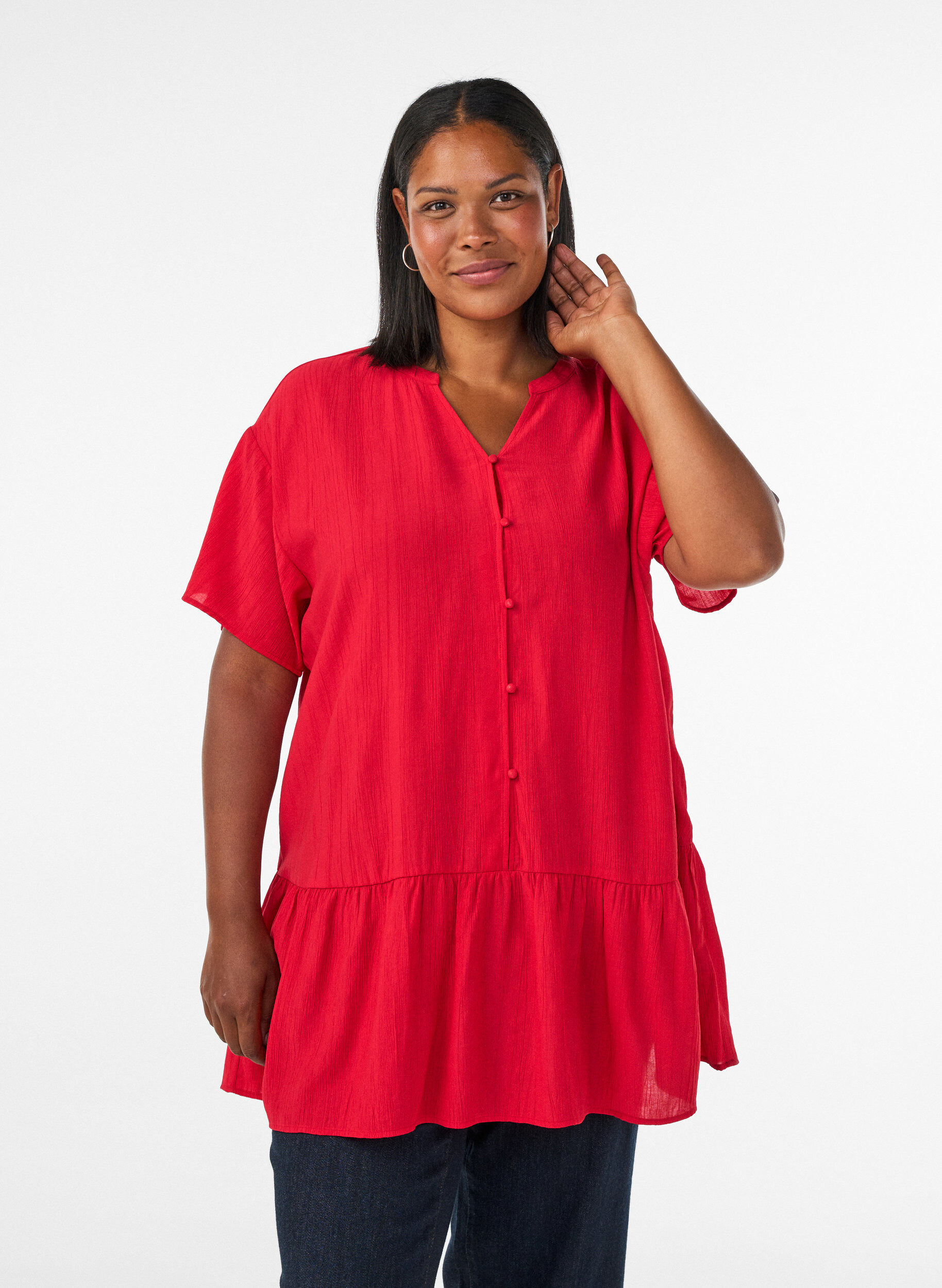 Losse tuniek met gekreukte structuur en rucherand, Rood, Model