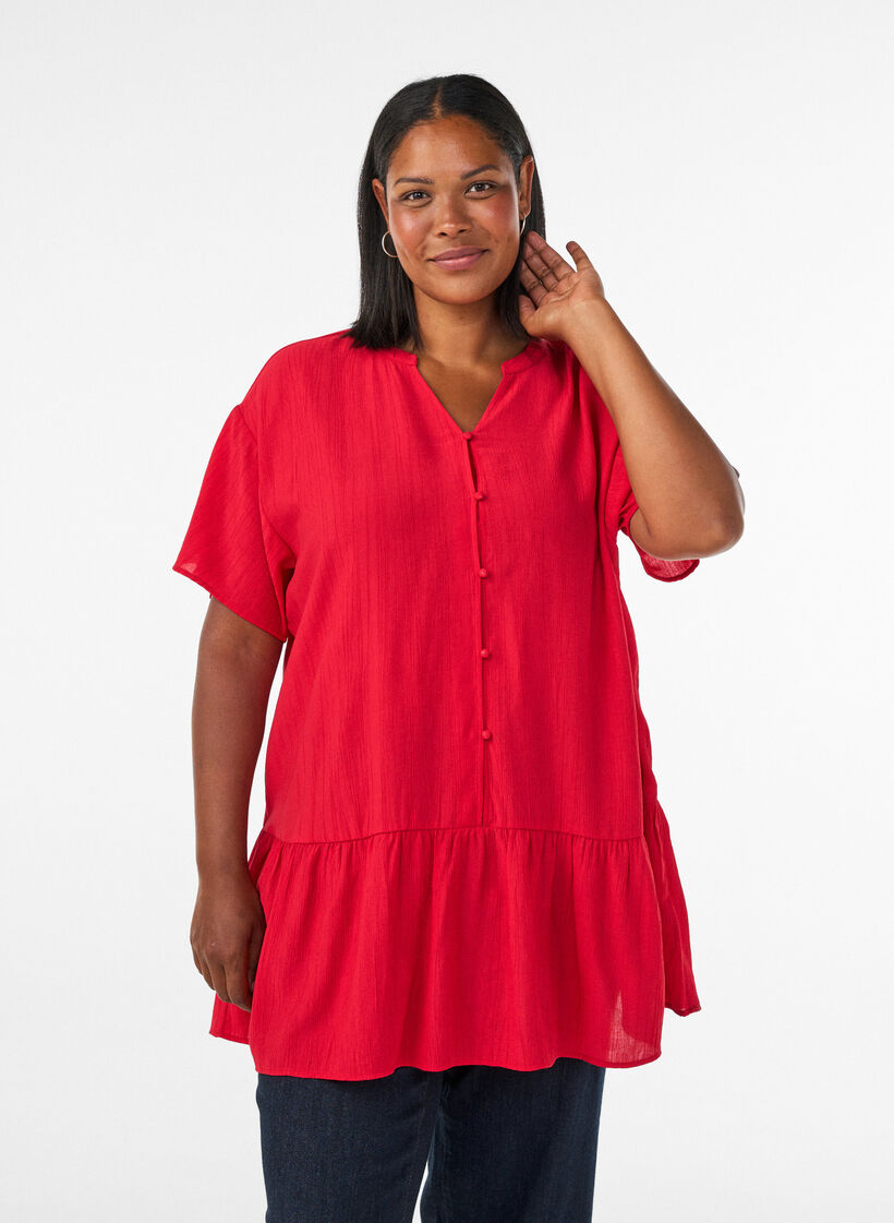 Losse tuniek met gekreukte structuur en rucherand, Rood, Model image number 0