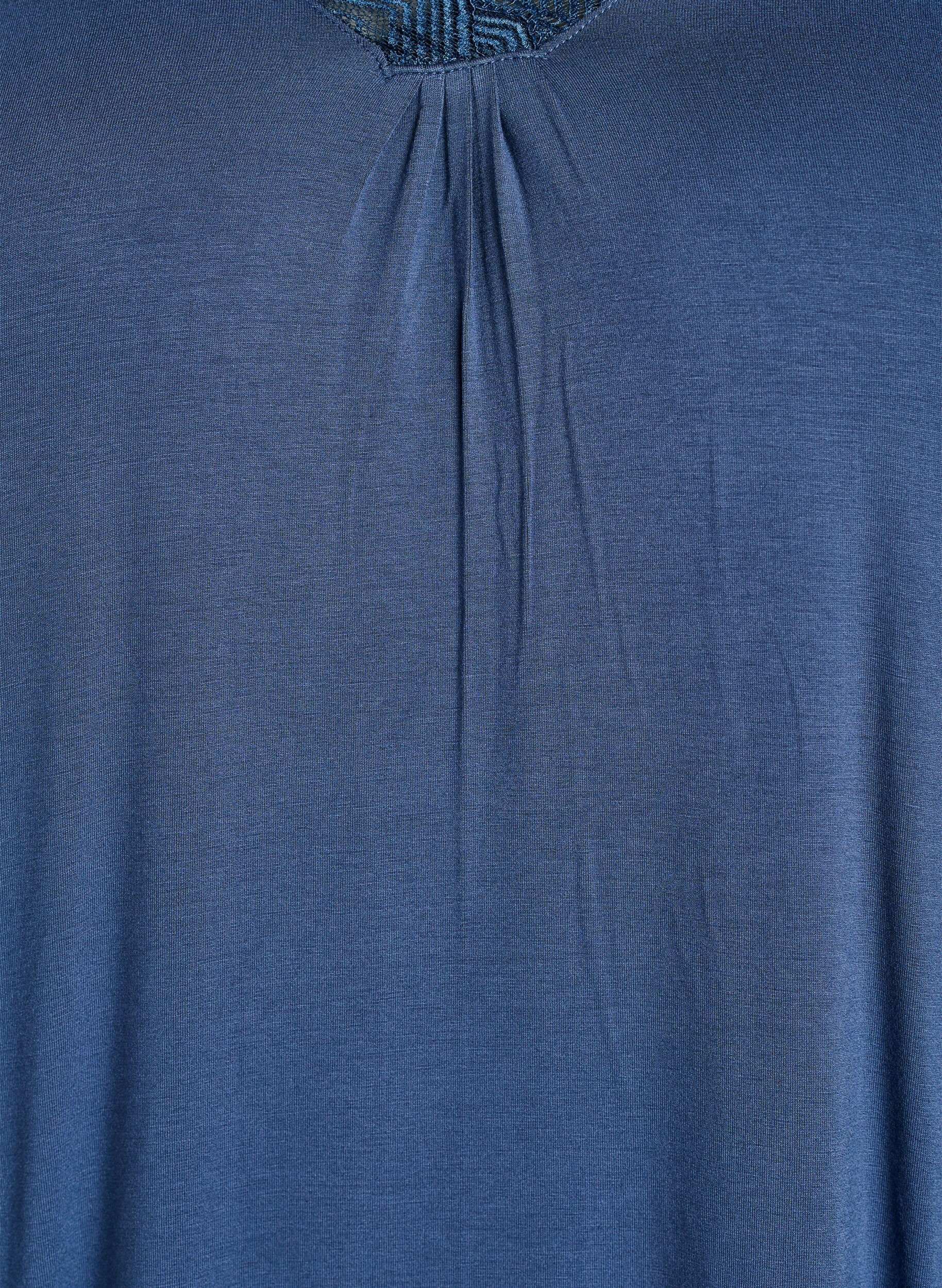 Zizzi Viskose nachtjapon met korte mouwen en kanten afwerking, Blauw, Packshot image number 2