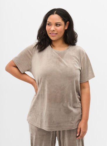 Velours t-shirt met korte mouwen, Taupe Gray, Model image number 0
