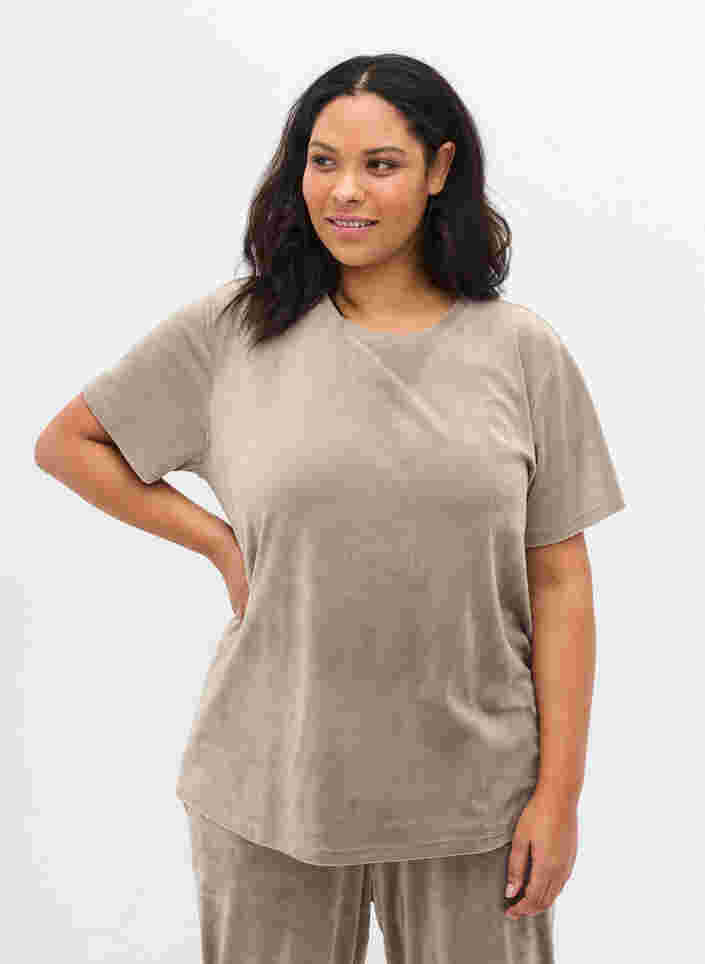 Velours t-shirt met korte mouwen, Taupe Gray, Model image number 0