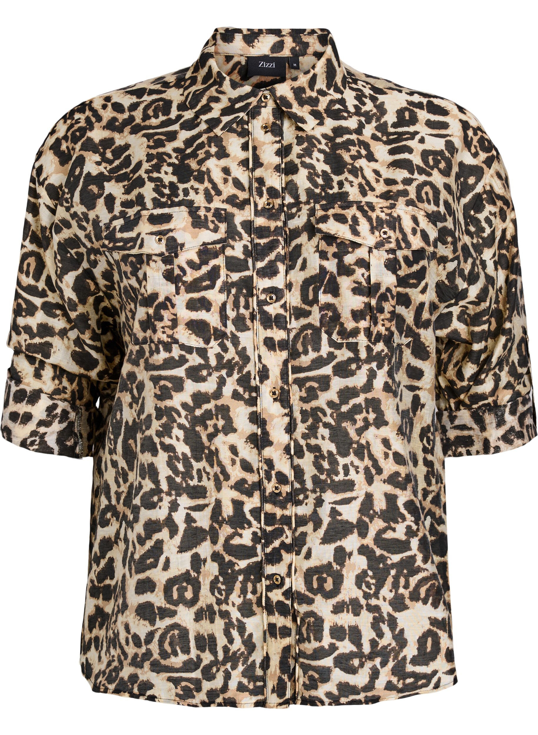 Los shirt met dierenprint en borstzakken