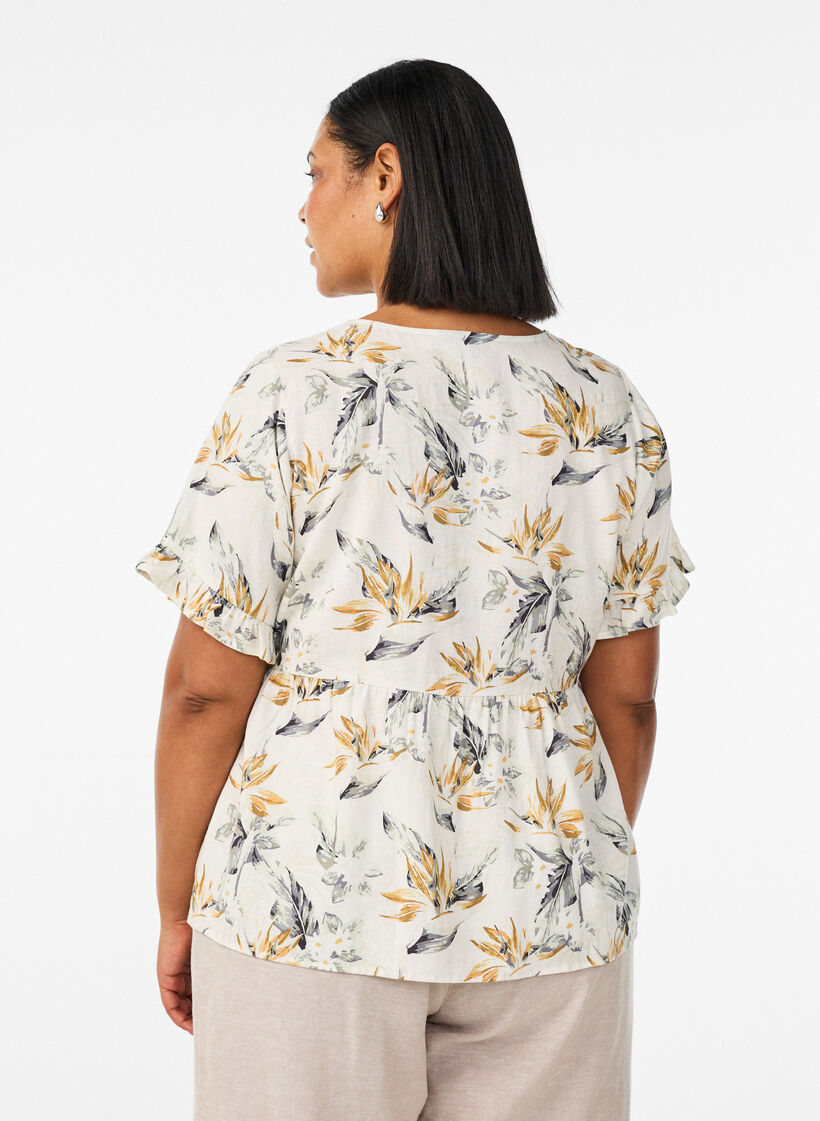 Blouse in linnen en viscose met een V-hals en knoopsluiting, Wit, Model image number 2