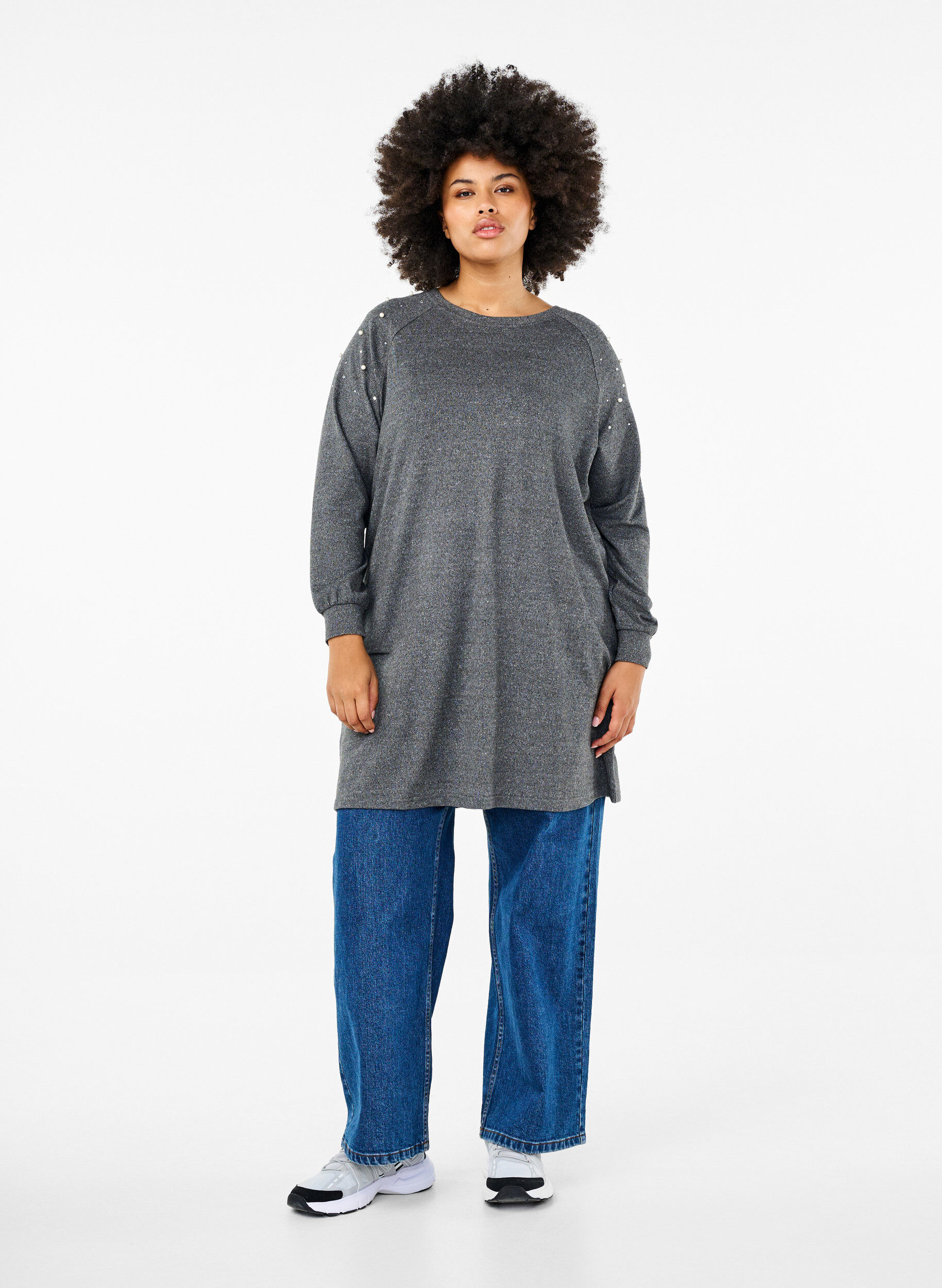 Zizzi Lange mouwen jurk met parels, Grijs, Model image number 1