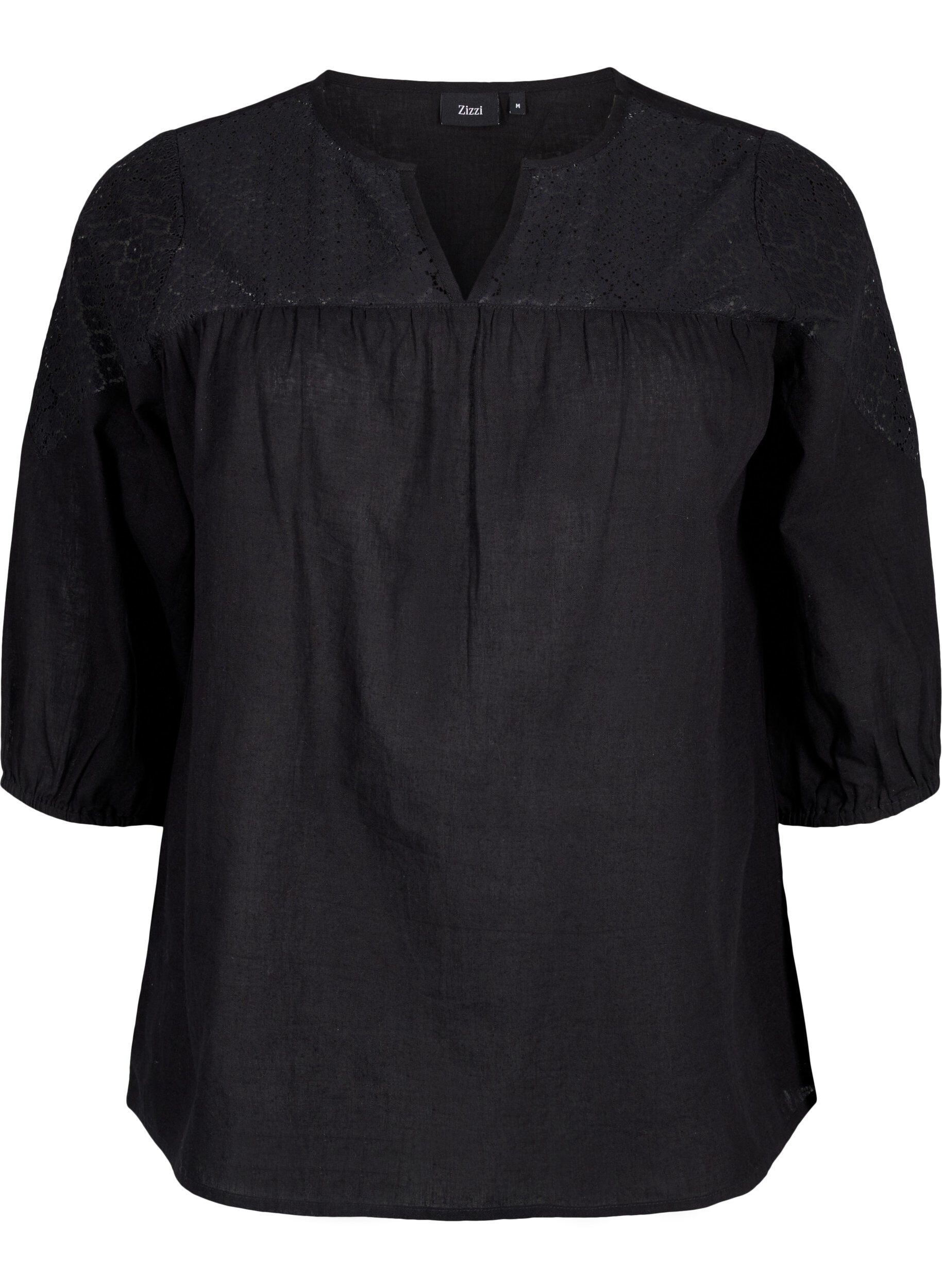Zizzi Blouse van katoenmix met linnen en gehaakt detail, Black, Packshot image number 0