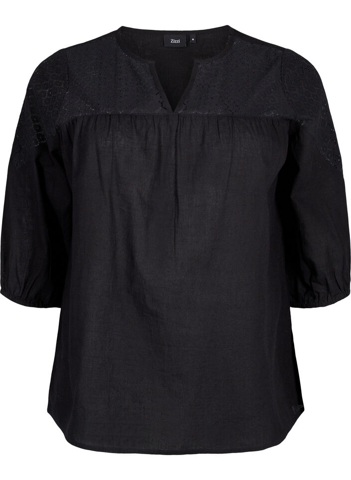 Blouse van katoenmix met linnen en gehaakt detail, Black, Packshot image number 0