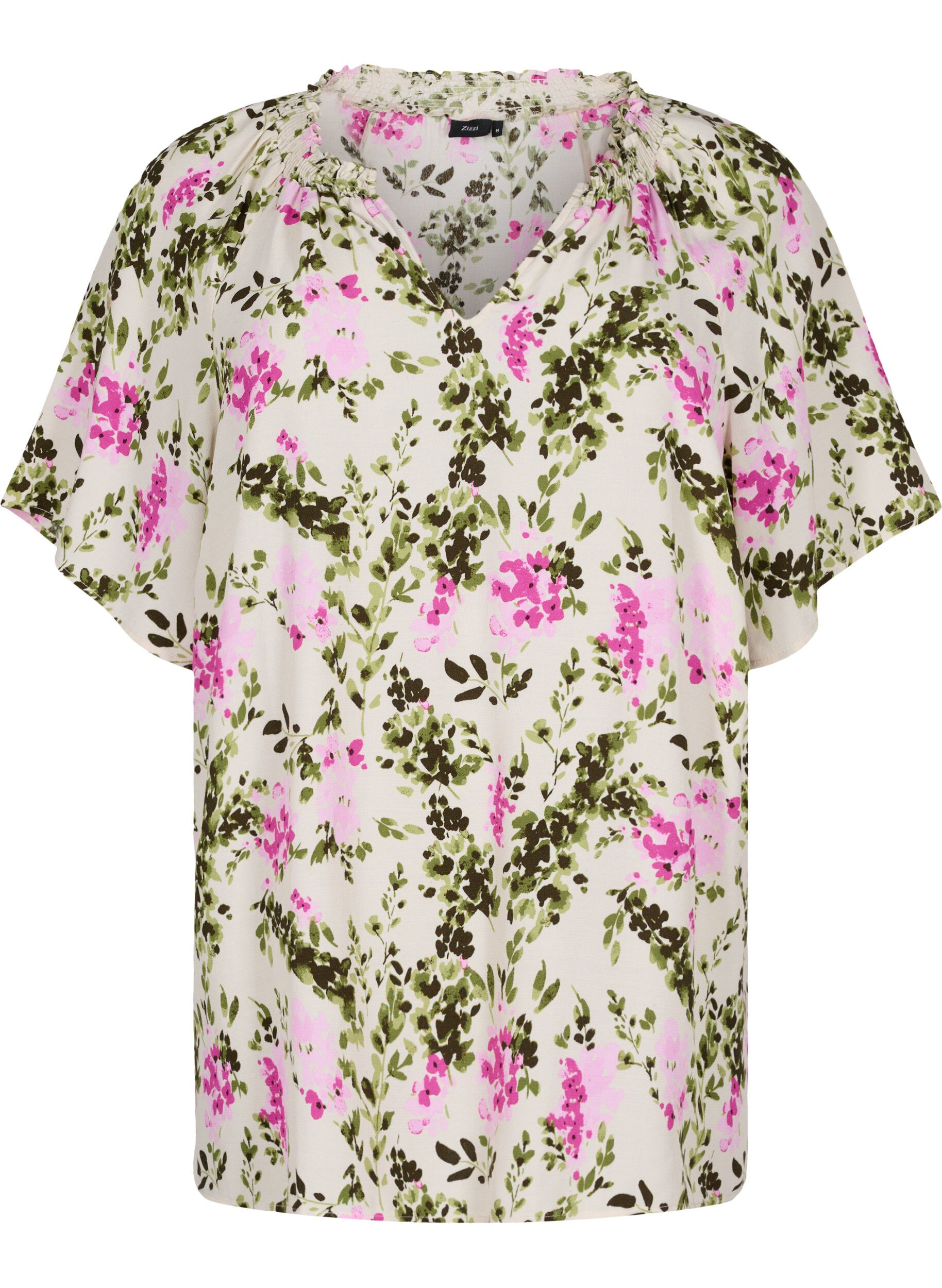 Zizzi Viscose blouse met korte mouwen, Green Pink AOP, Packshot image number 0