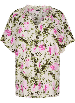 Viscose blouse met korte mouwen, Green Pink AOP, Packshot image number 0