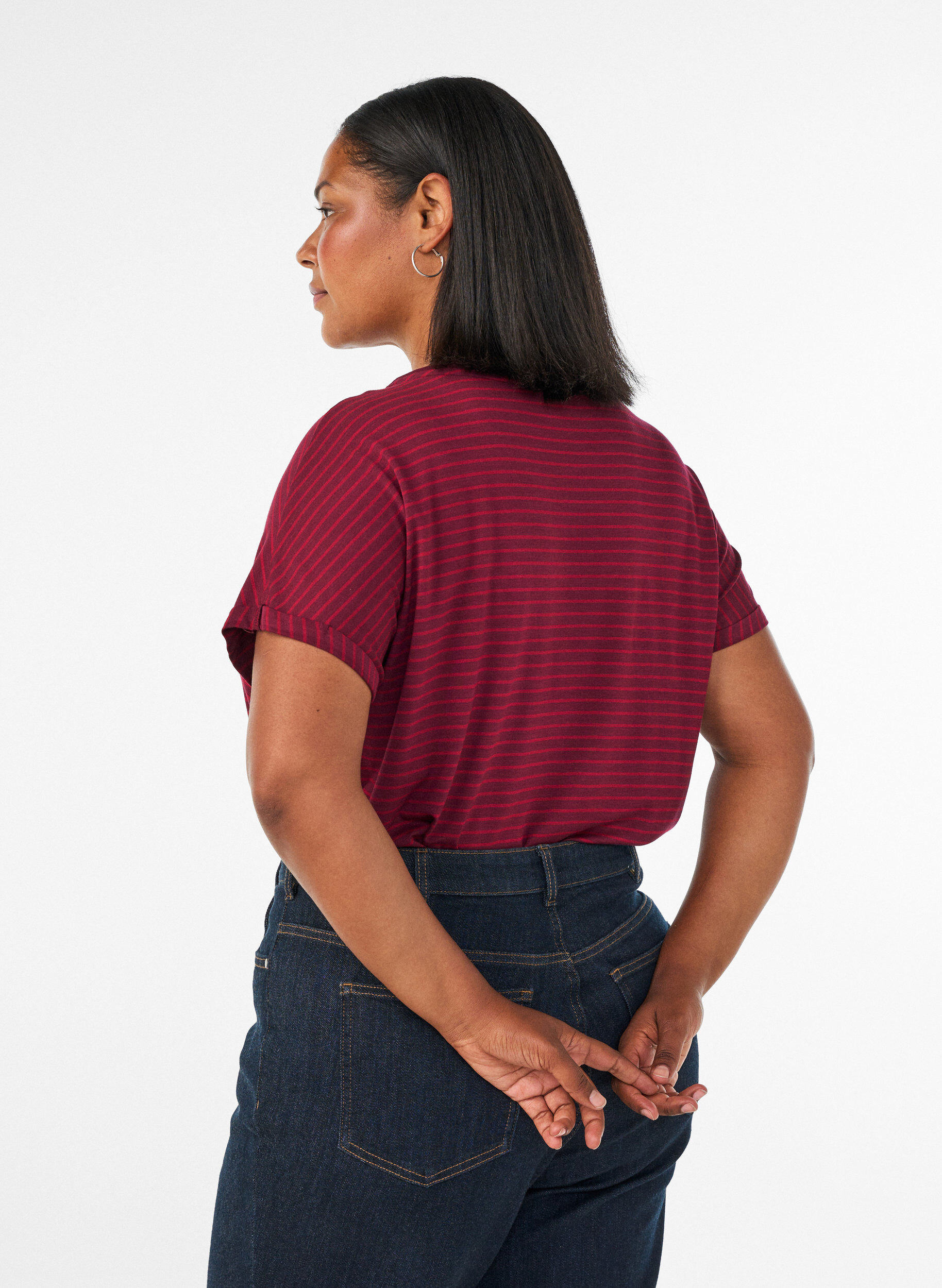 ZizziGestreept T-shirt in viscose met een ronde hals, Rood, Model image number 2