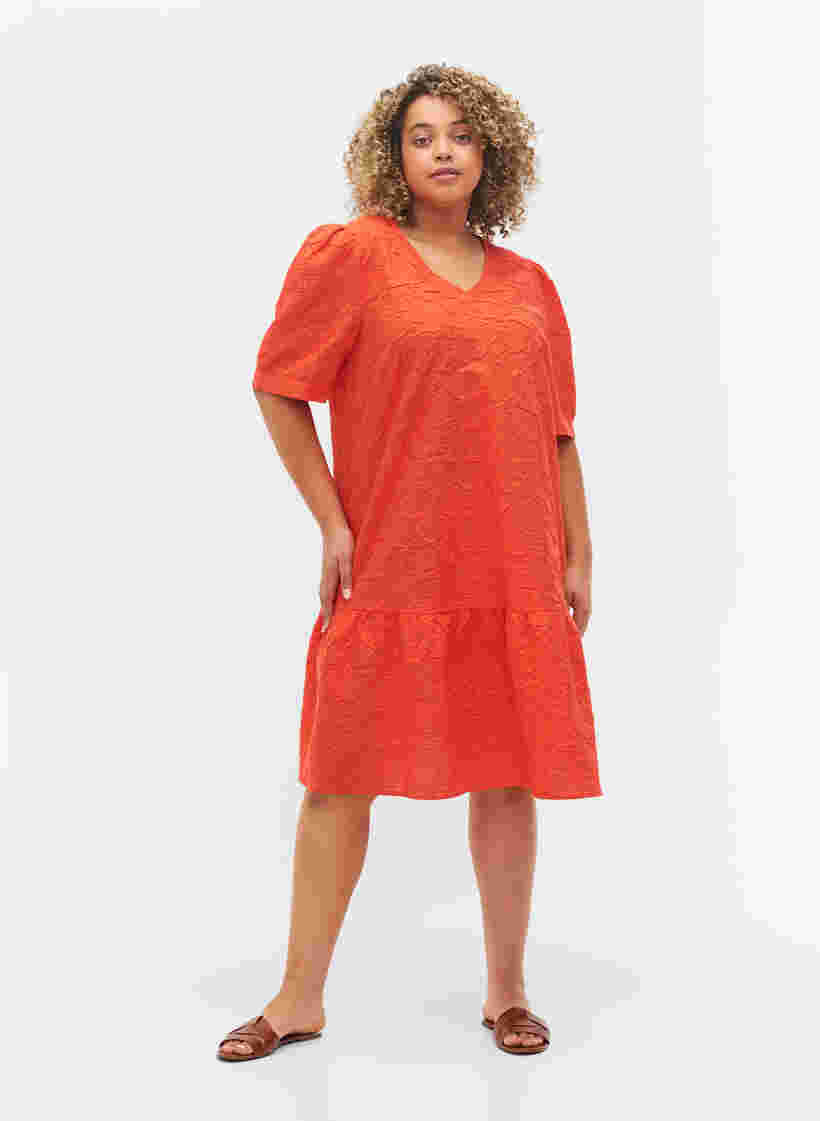 Gestructureerde jurk met korte pofmouwen, Mandarin Red, Model image number 2