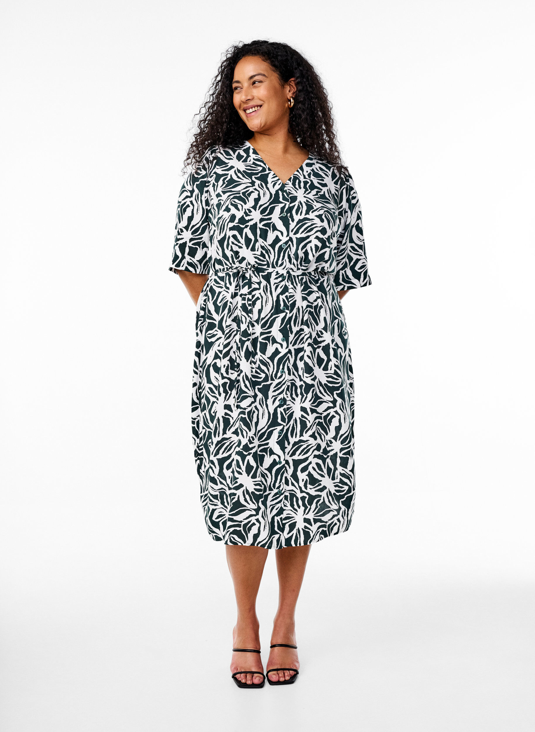 Zizzi FLASH - Jurk met print en strikceintuur, Groen, Model image number 1