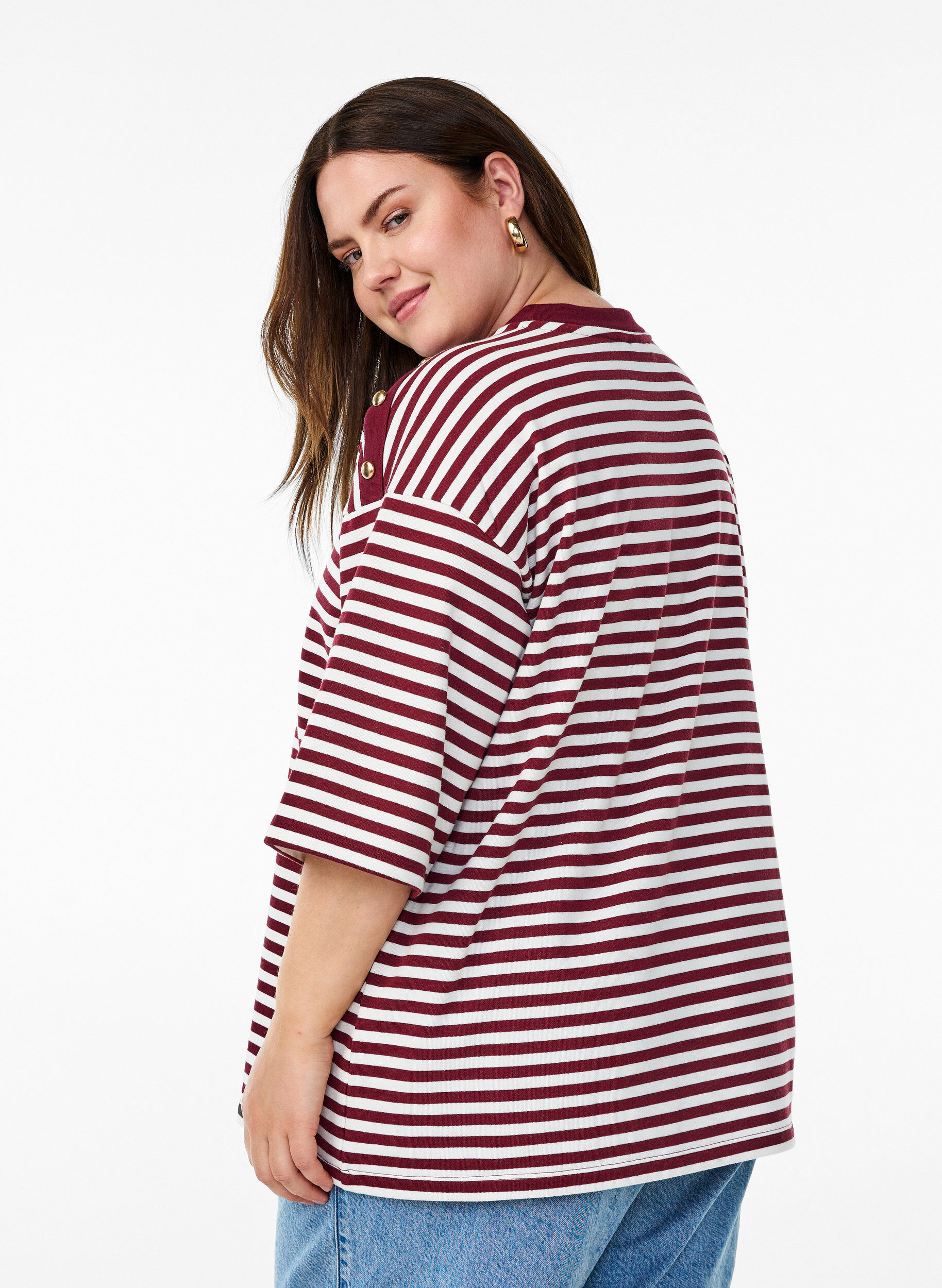 Zizzi Gestreepte blouse met 3/4 mouwen en knoopdetail, Rood, Model image number 2