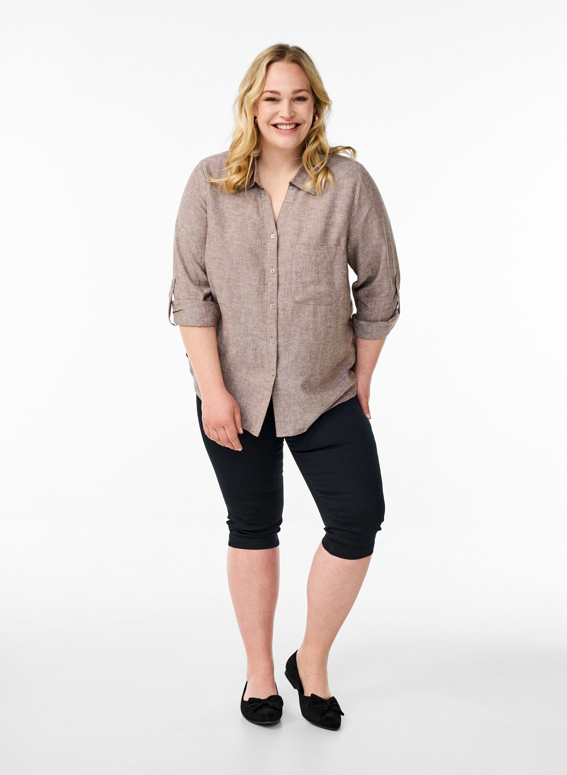 Zizzi Linnen en viscose shirt met 3/4 mouwen, Bruin, Model image number 1