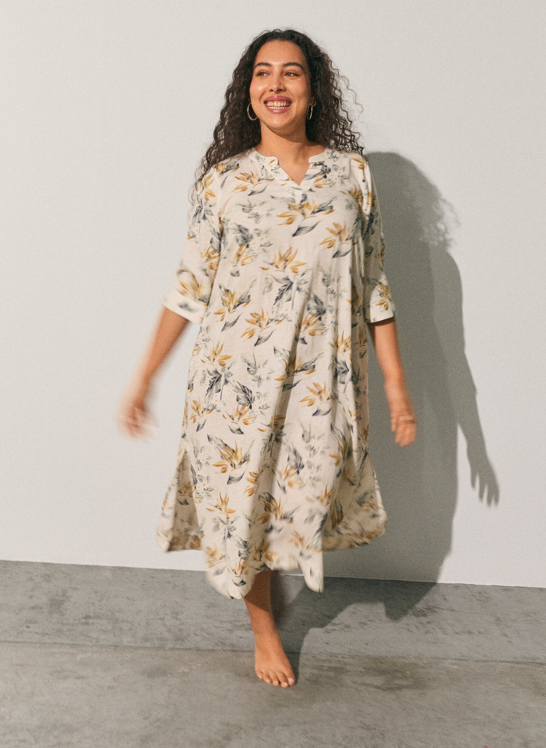 Midi-jurk in linnen en viscose met 1/2 mouwen