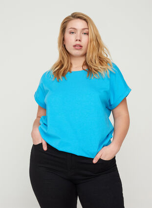 T-shirt met mix van katoen, RIVER BLUE Mel., Model image number 0