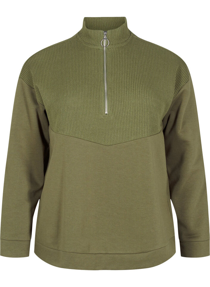 Sweatshirt met gebreide kleding en ritssluiting, Winter Moss, Packshot image number 0