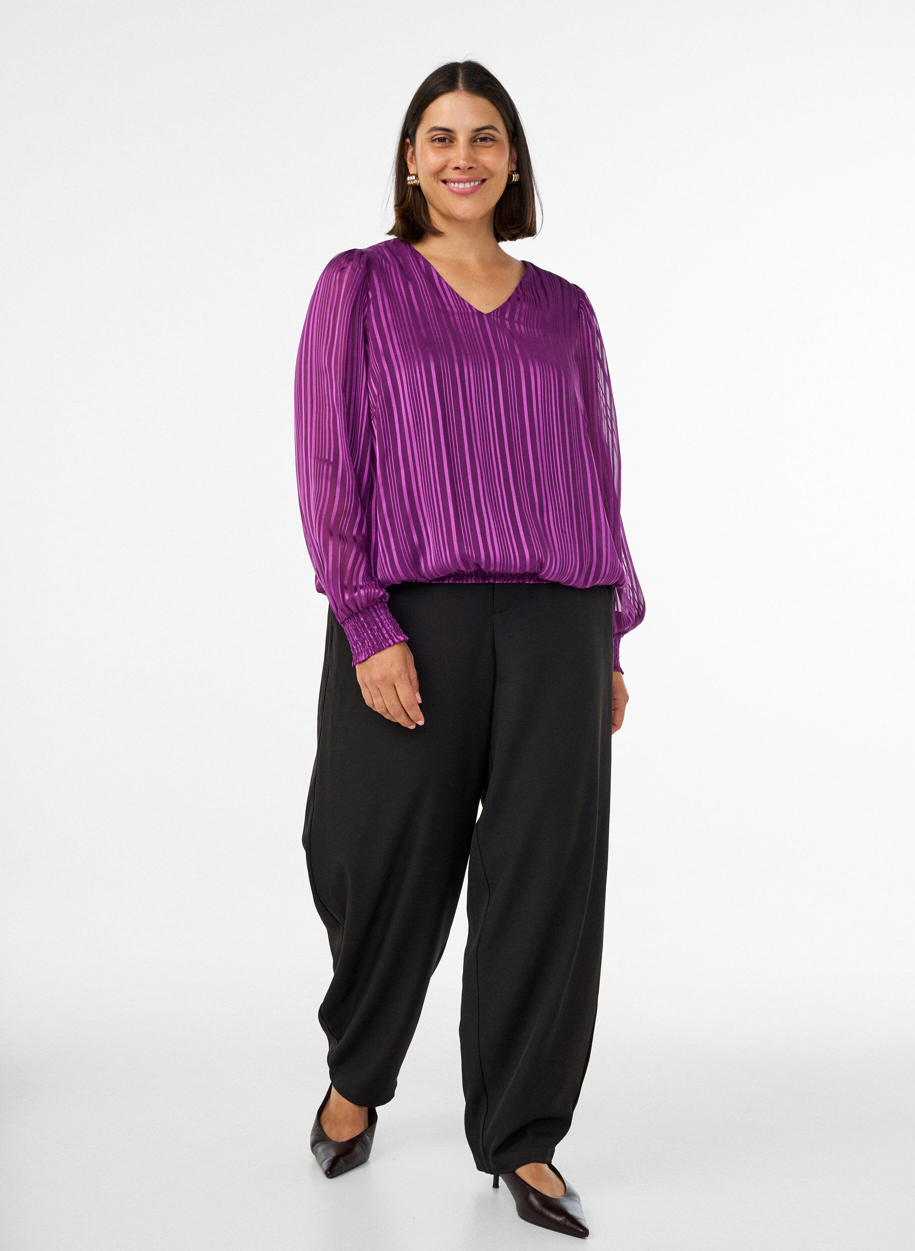 ZizziGestreepte blouse met ballonvorm, Paars, Model image number 1