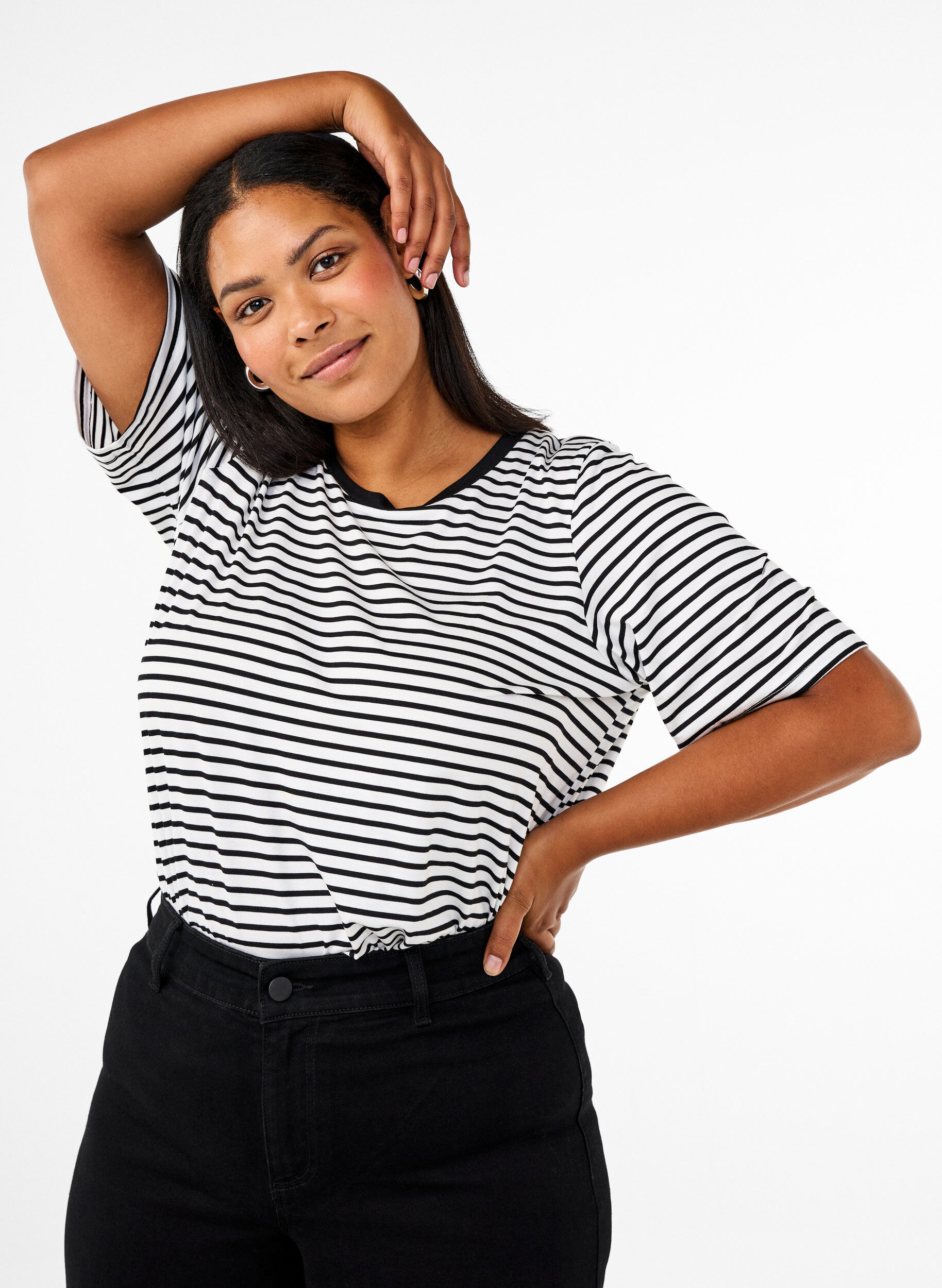 ZizziT-shirt met TENCEL&trade; Lyocell en strepen, Wit, Model image number 0