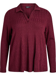 Gebreide blouse met kraag en kabelpatroon, Donker Bordeaux