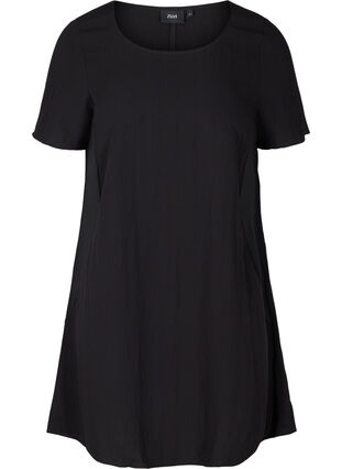 Viscose jurk met korte mouwen en zakken, Black, Packshot image number 0
